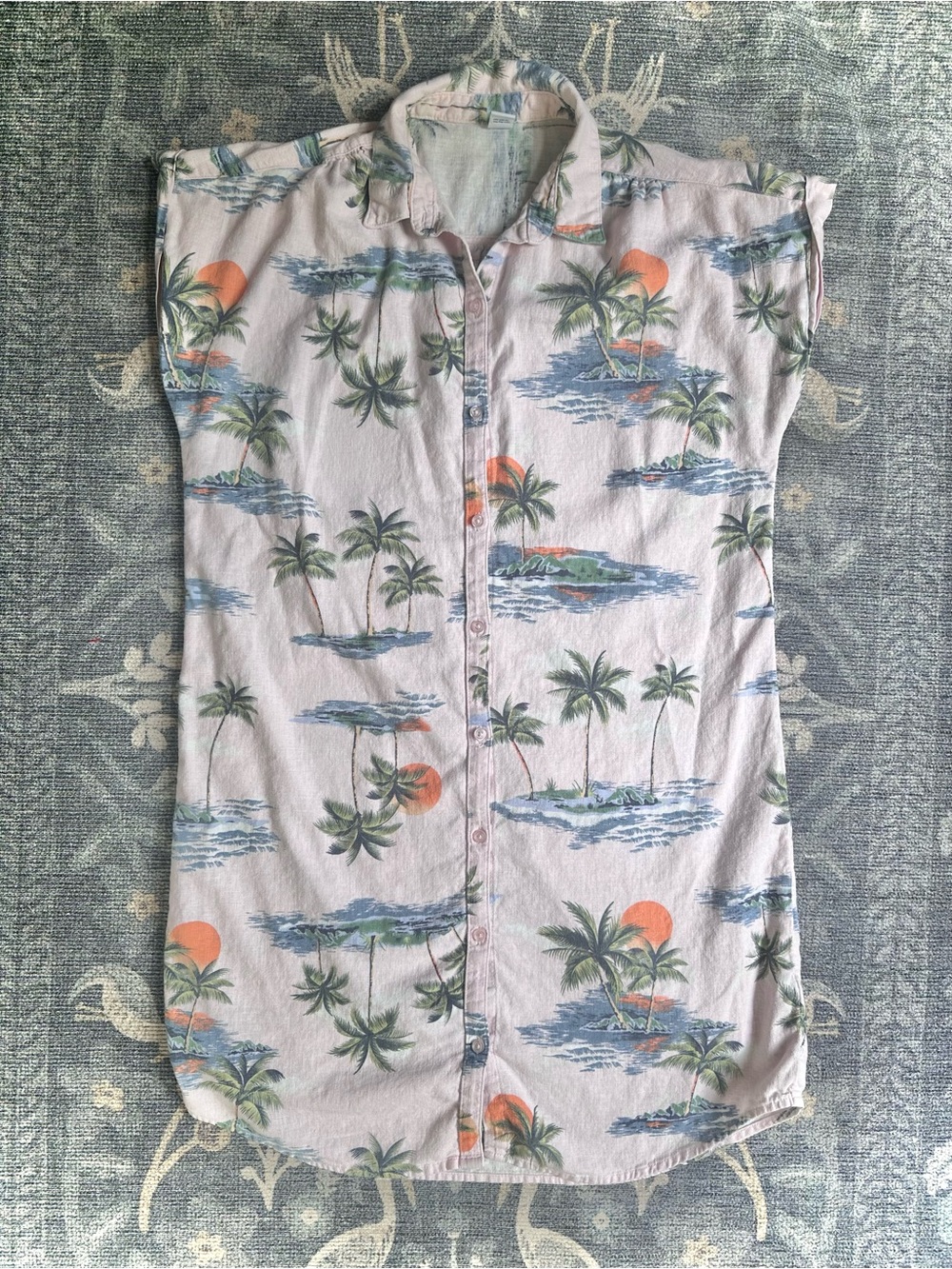 Old Navy Tropical Palm Tree Island Print Sleeveless Button Down Shirt Dress Sz M